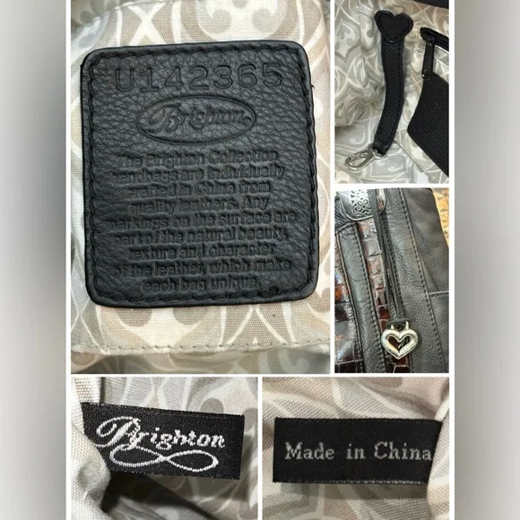 Brighton Black Pebbled Leather and Brown Croc-Embossed Hobo Shoulder Bag - Picture 3 of 16